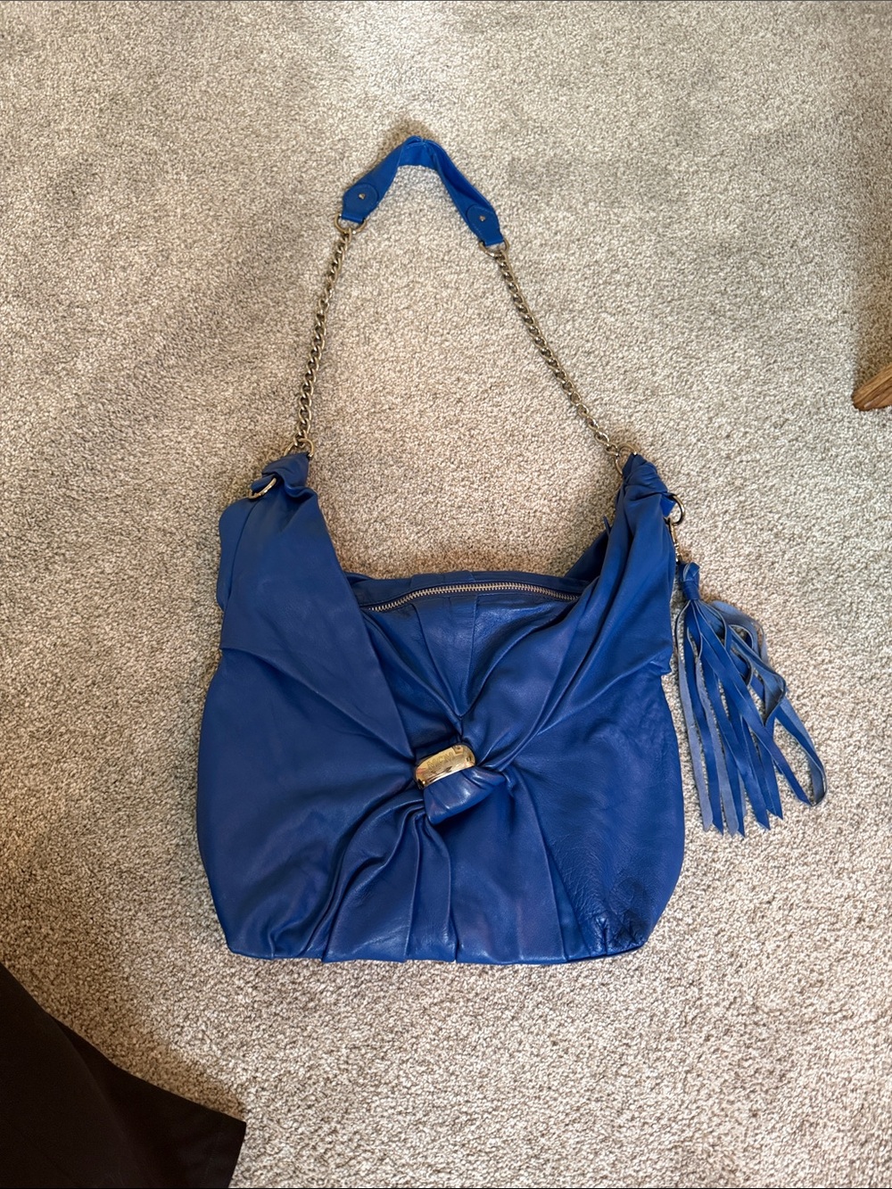 MCM Blue Leather Chain-Handle Hobo Bag